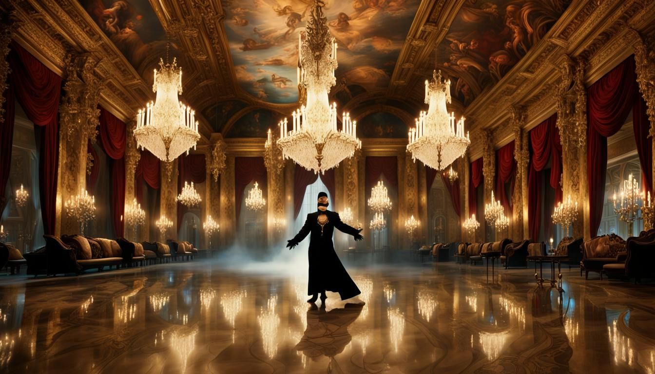 Mysterious Figure in Lavish Renaissance Ballroom