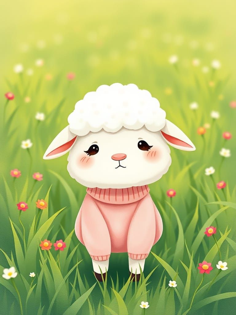 Shy Anime Sheep in Meadow, Watercolor Style
