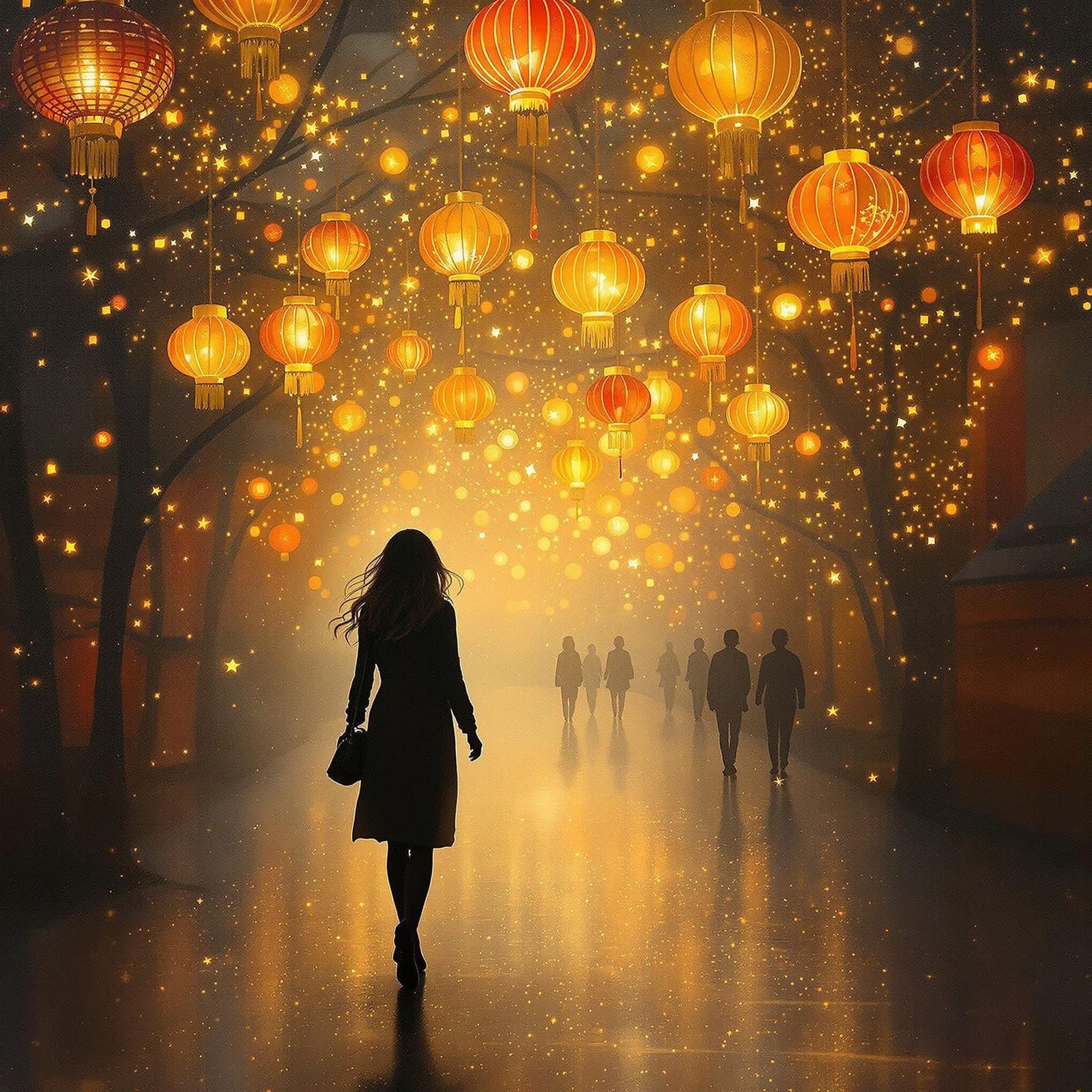 Surreal Nighttime Scene with Festive Lights and Silhouette