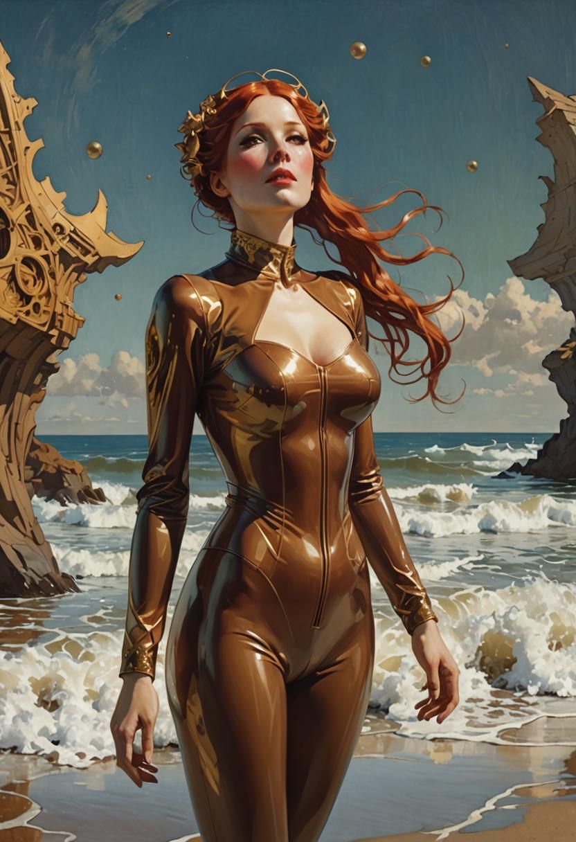 Woman in Latex Suit on Beach, Art Nouveau Style