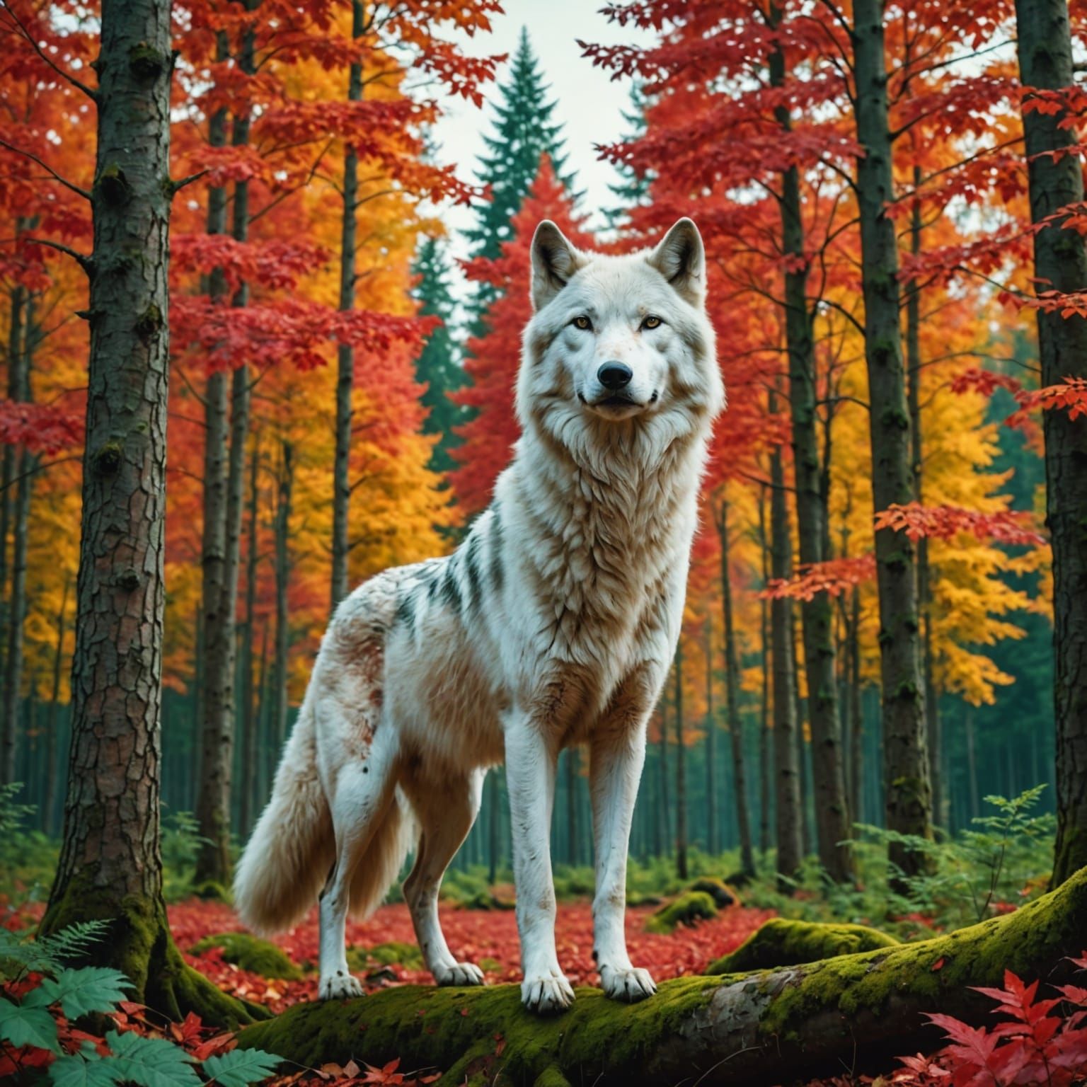 Majestic White Wolf in a Vibrant Forest Landscape
