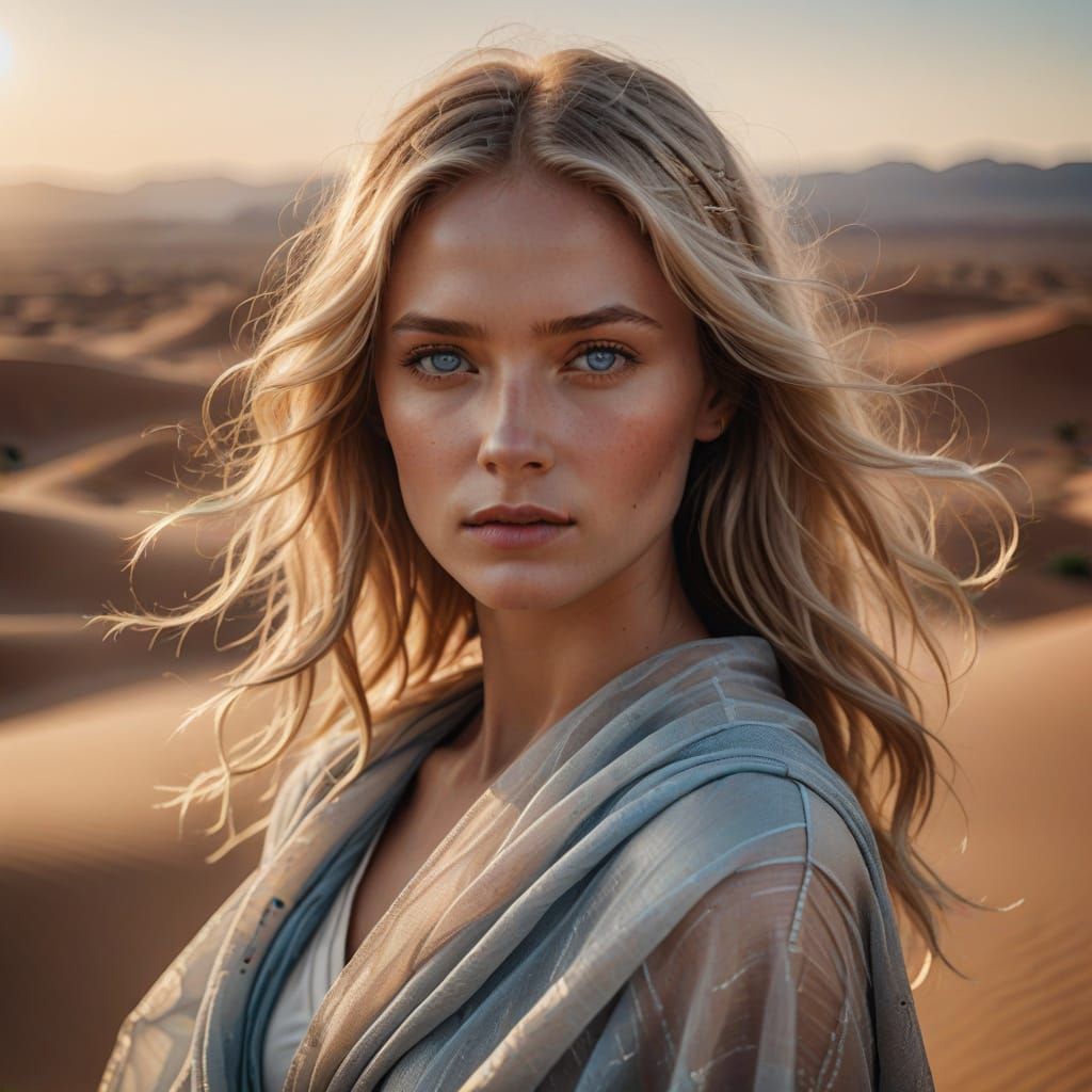 Photorealistic Portrait of Elegant Woman in Desert