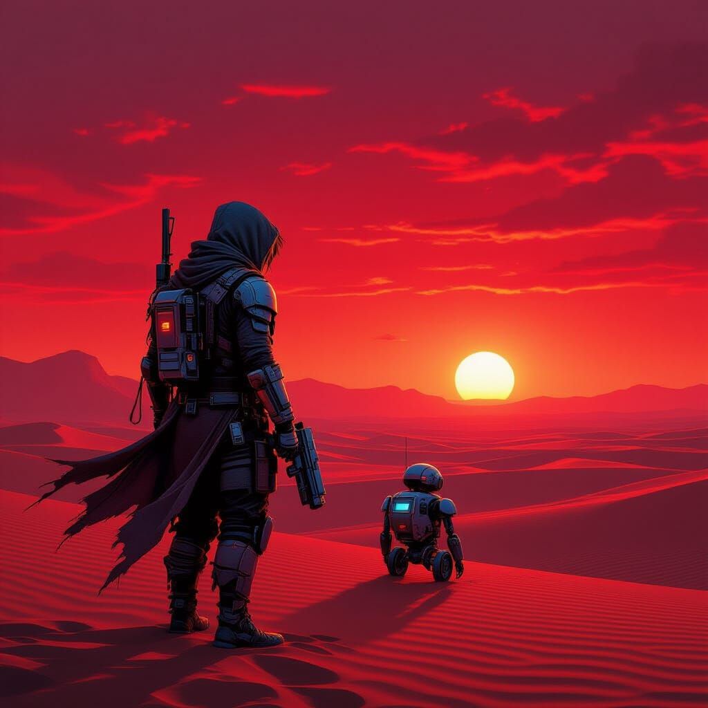 Cyberpunk Wanderer in Neon Desert Landscape