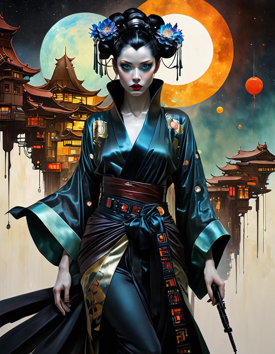 Bejeweled Geisha in Dystopian Cyberpunk Art Deco Style