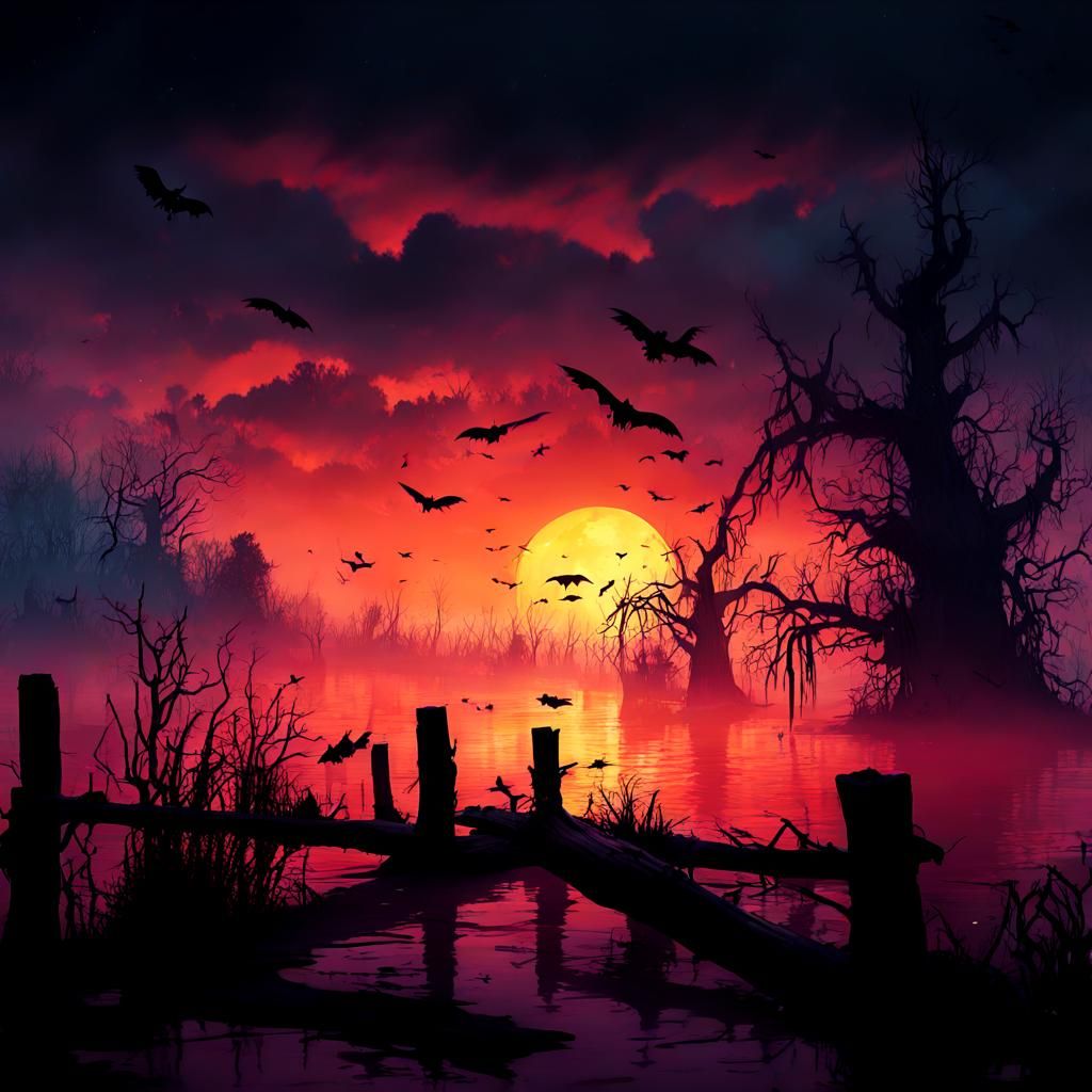 Mysterious Swamp with Bats and Crows in Matte Painting