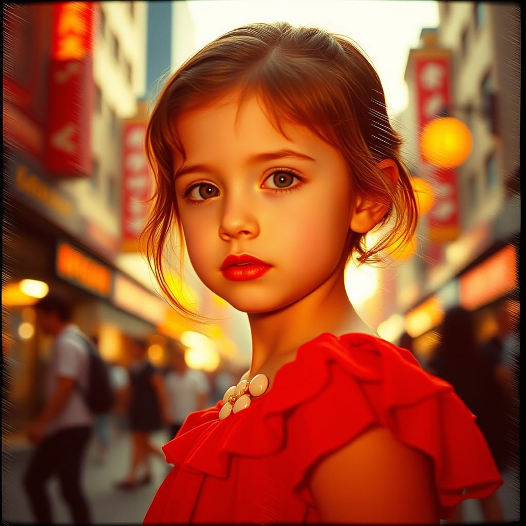 Confident Girl in Crimson Dress in Cityscape