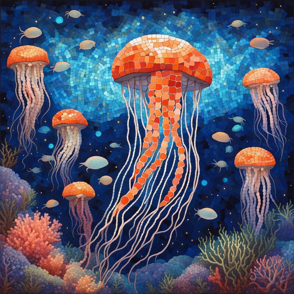 Mosaic Coral Reef with Luminous Jellyfish