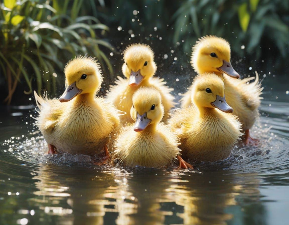 Duckling Squad in Fountain, Watercolour Style