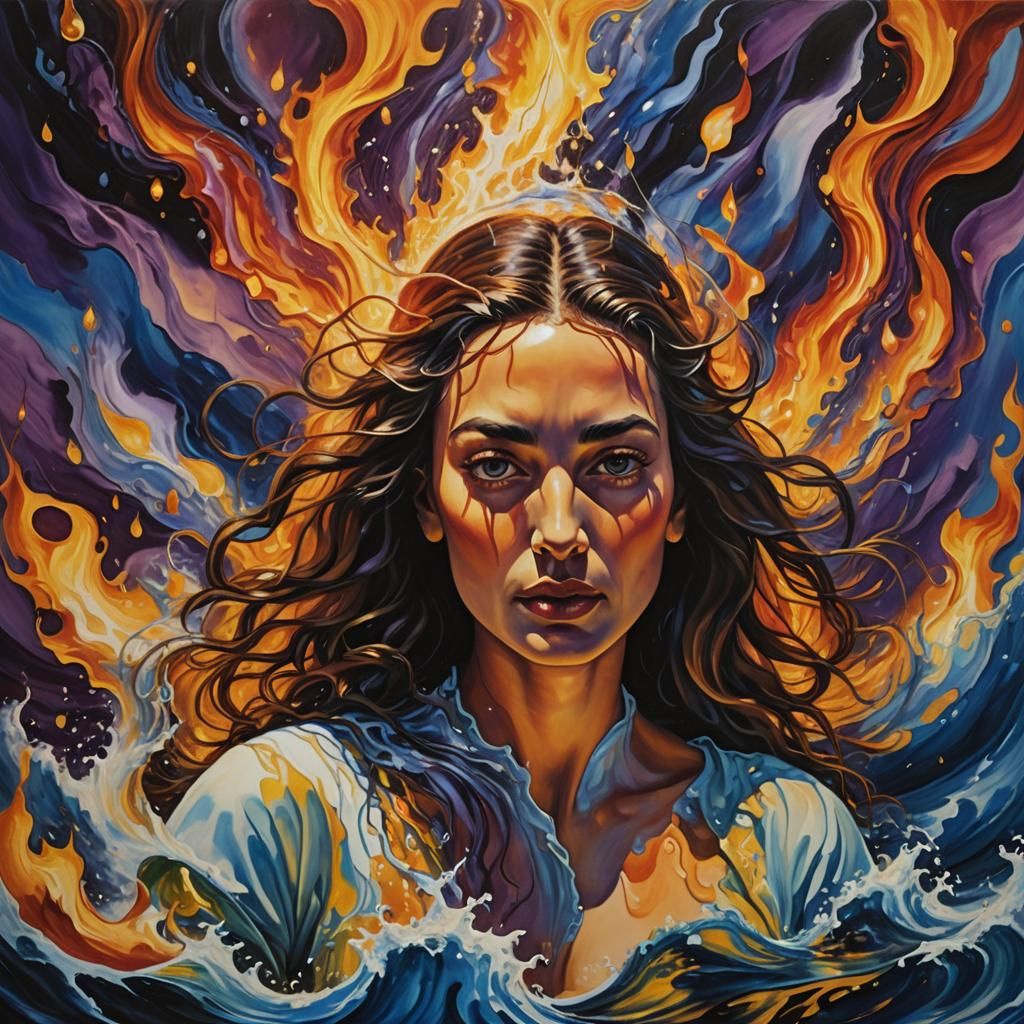 Surreal Woman Amidst Fire and Water