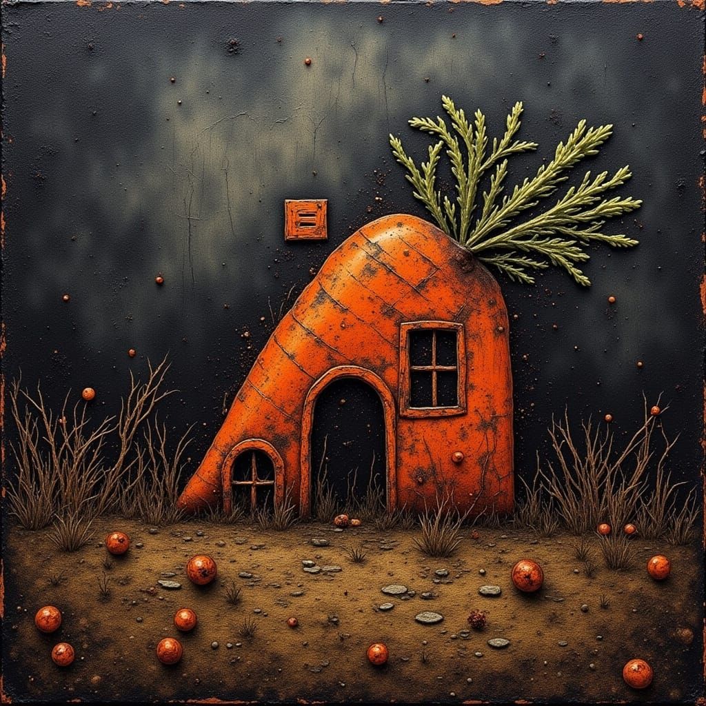 Surreal Carrot Cottage in Grungy Oil Impasto Style