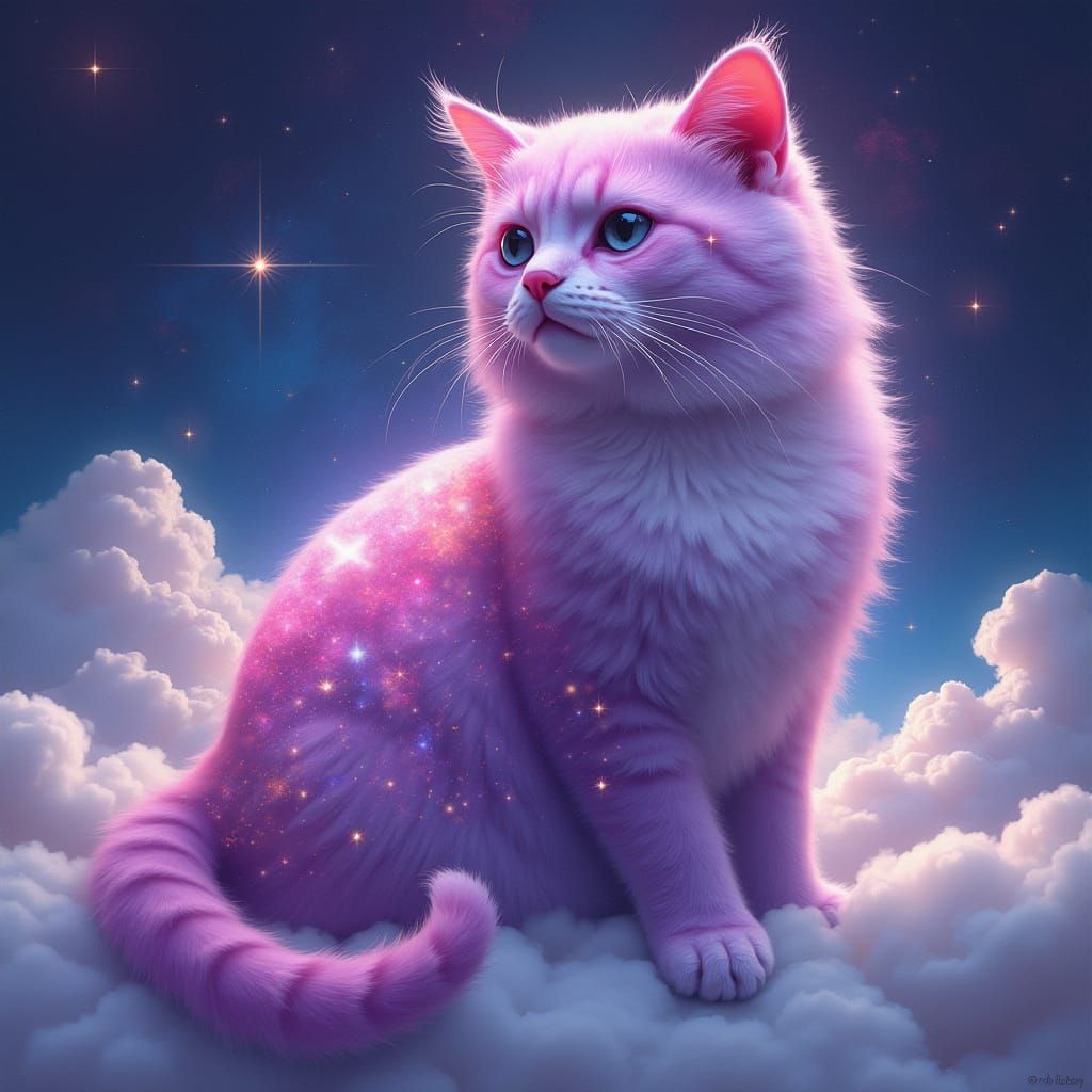 Majestic Feline in Cosmic Cloudscape with Galaxy Star Patter...