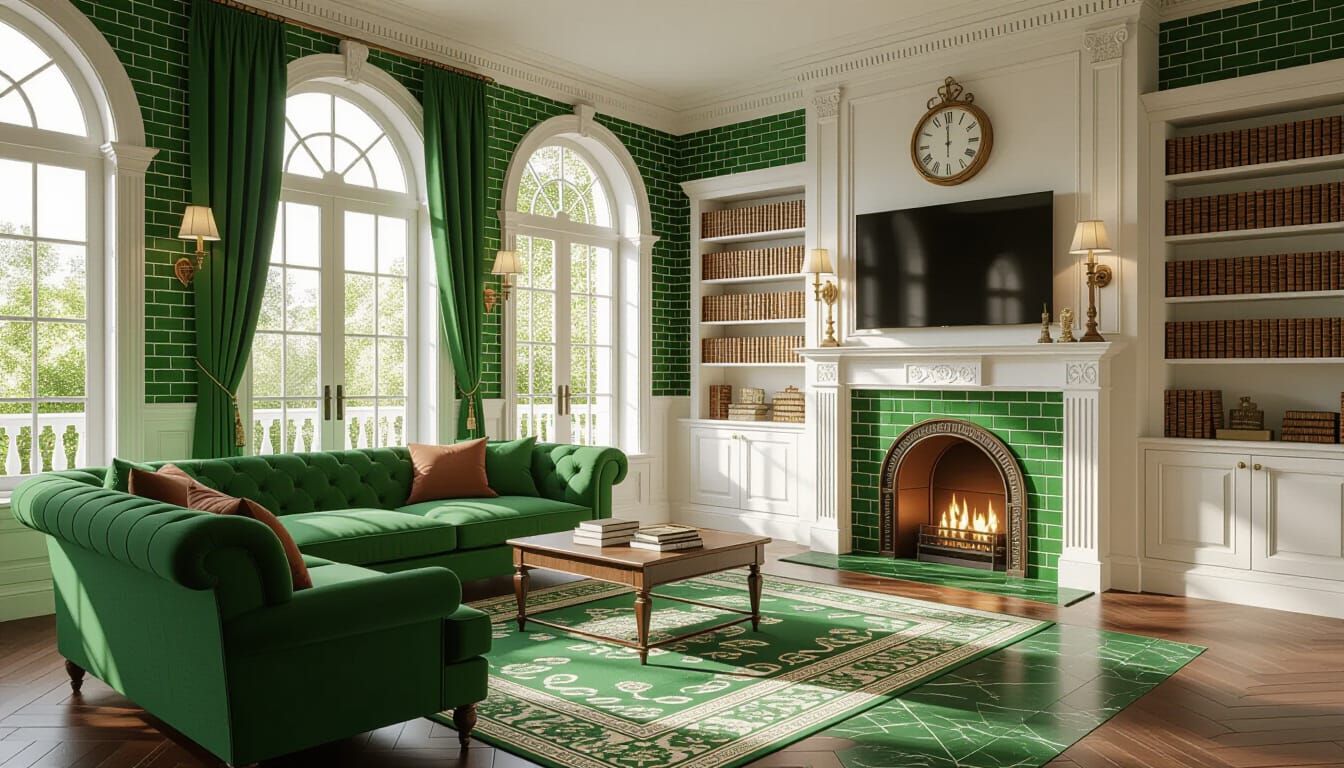 Elegant Victorian Living Room with Fireplace and Bookshelves