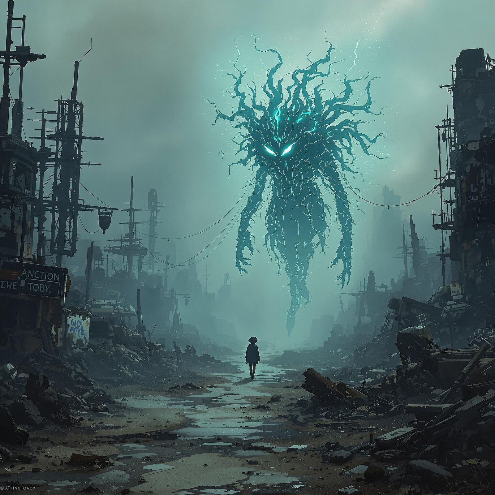 Bioluminescent Yokai Wandering Wasteland in Dark Fantasy Sty...