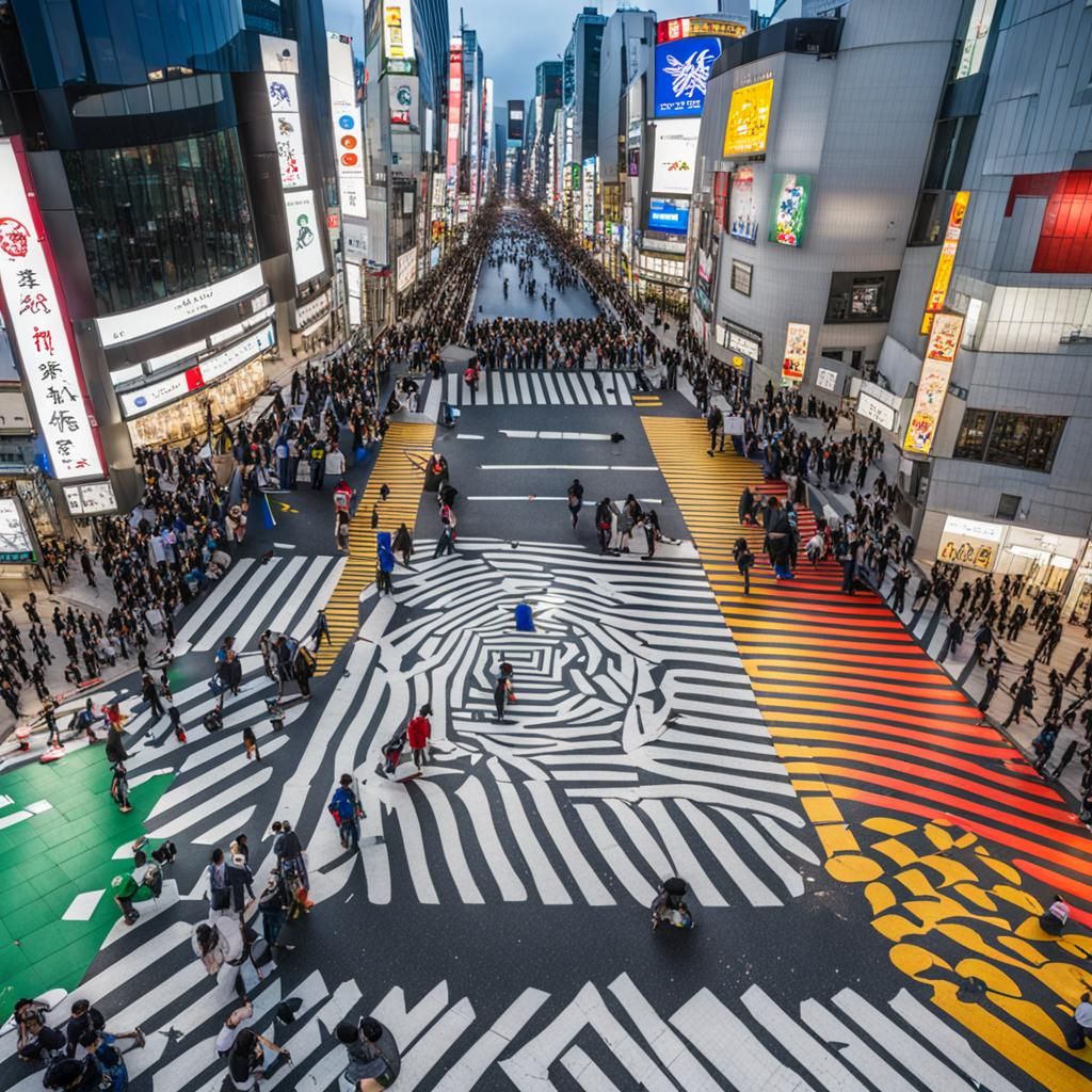 google street view Shibuya crossing. the crossings lines are not white but colourful yakuza tattoo designed.