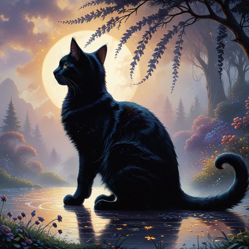 Ethereal Black Cat Silhouette on White Canvas