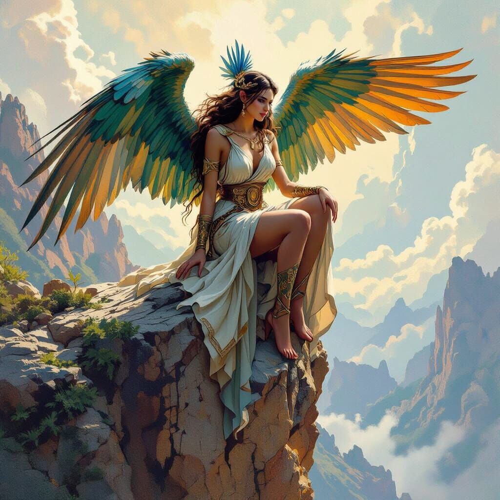 Mythical Harpy on Mountain Cliff in Fantasy Art Style