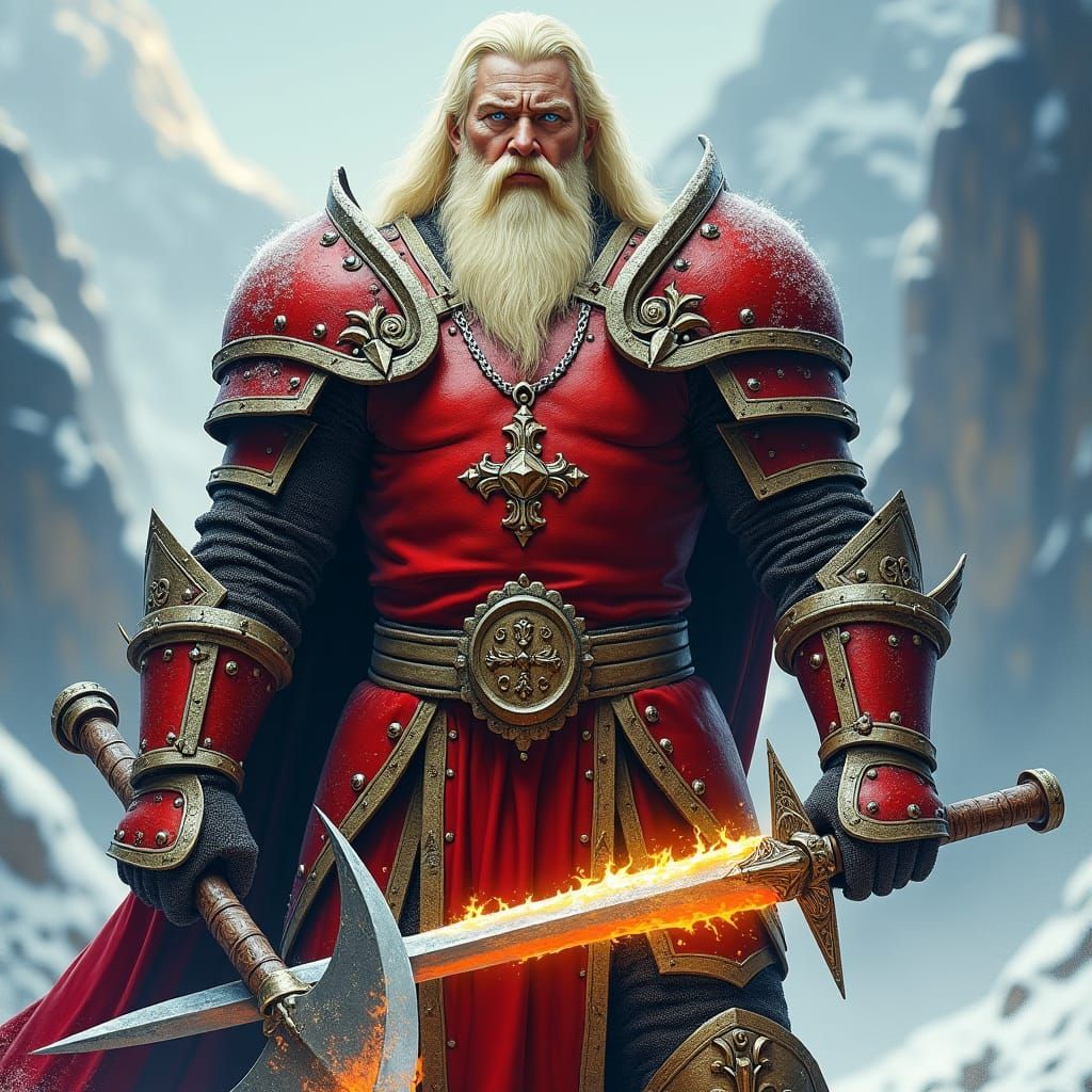 Crimson Knight with Flaming Sword and War Axe