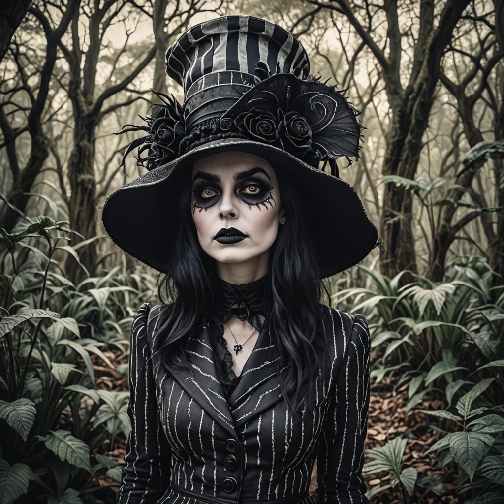 Goth Girl in Beetlejuice-Inspired Outfit