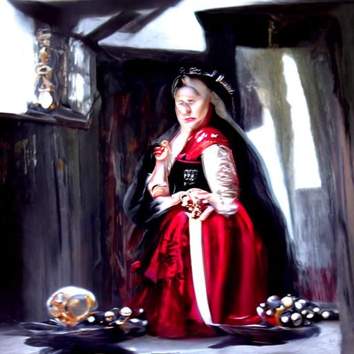 Tudor Woman in Dark Room: Oil Painting