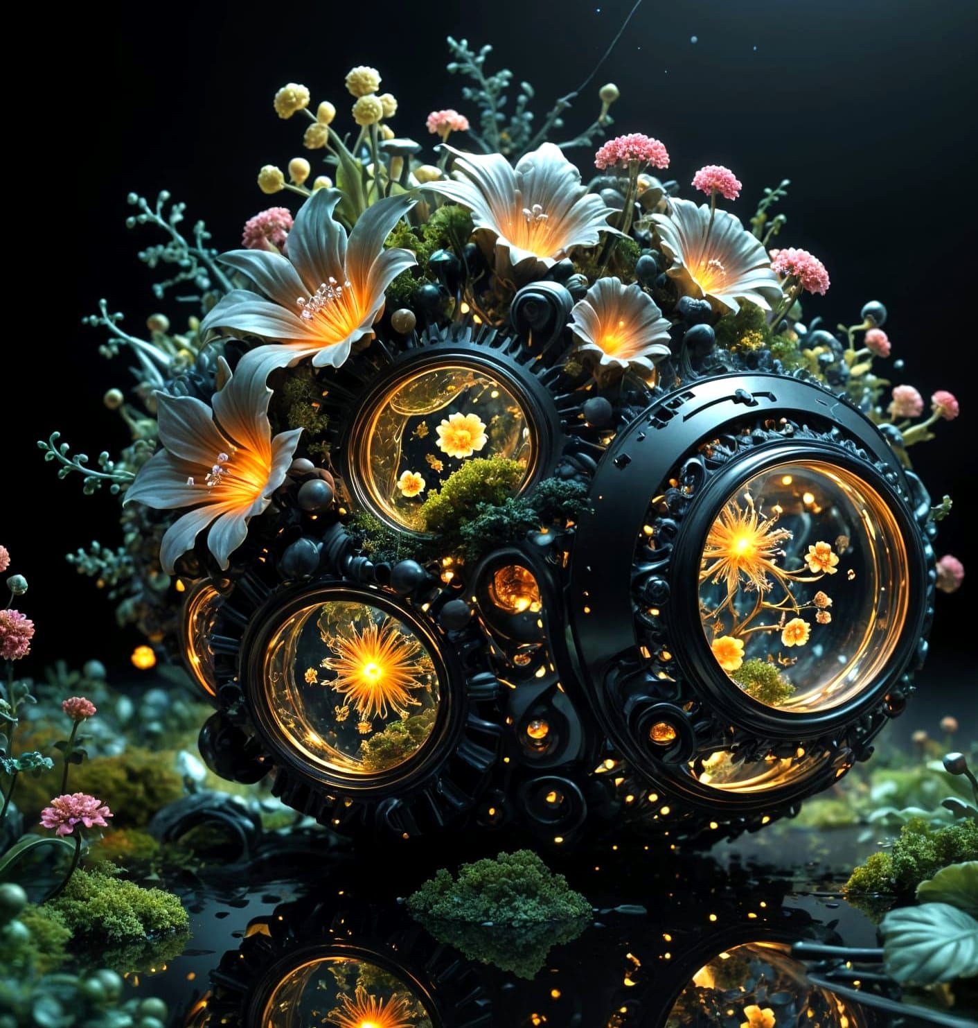 Surreal 3D Abstract Sculpture with Glowing Foliage