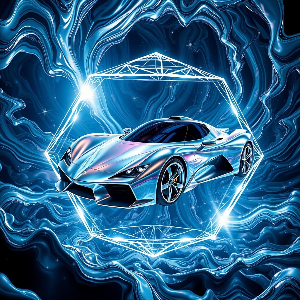 Ferrofluid Dream Car Trapped in Shimmering 4D Tesseract