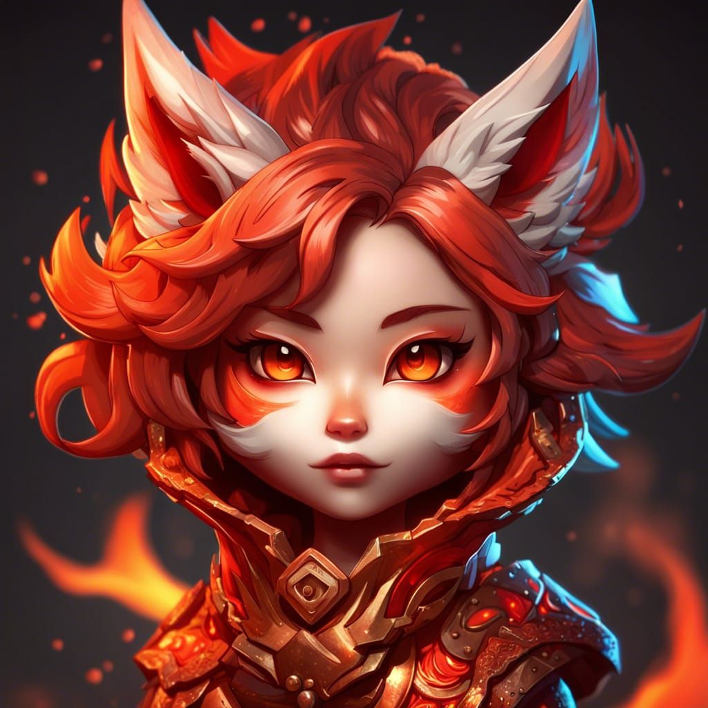 Detailed Chibi Volcano Kitsune Portrait