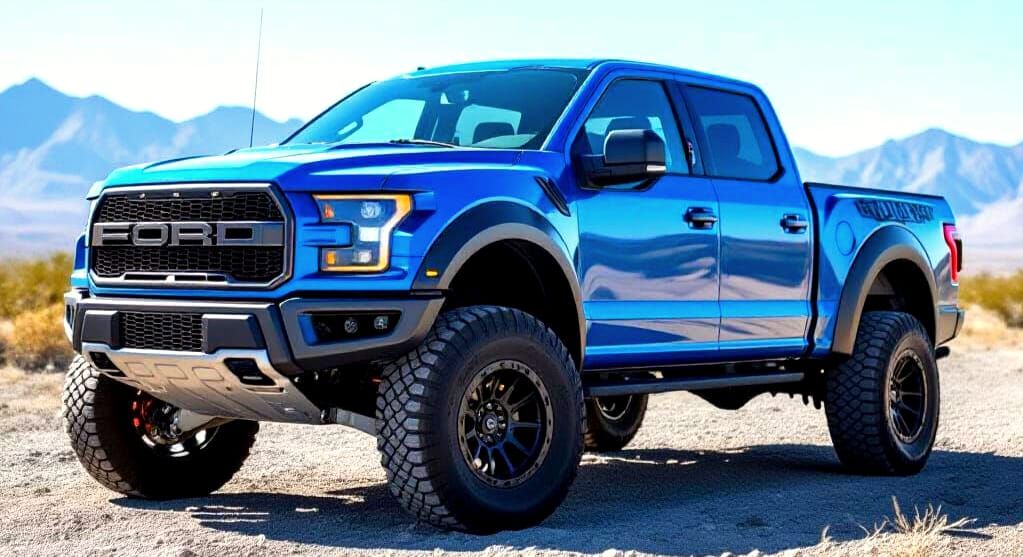 Blue Ford F150 Raptor with Lifted Suspension