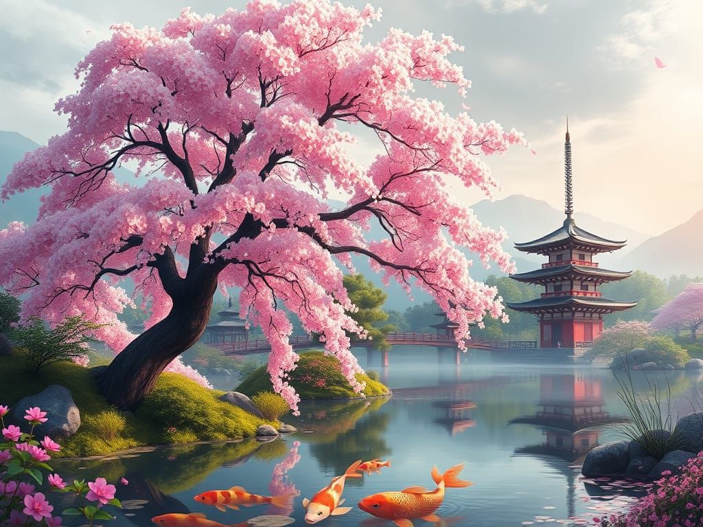 Japanese Garden with Blossoms: Matte Painting Style