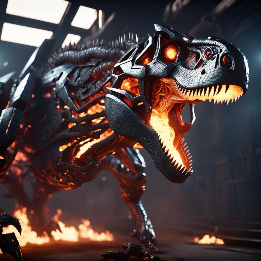 Tyrannosaurus Zoid Roaring in Inferno: Sci-Fi Art