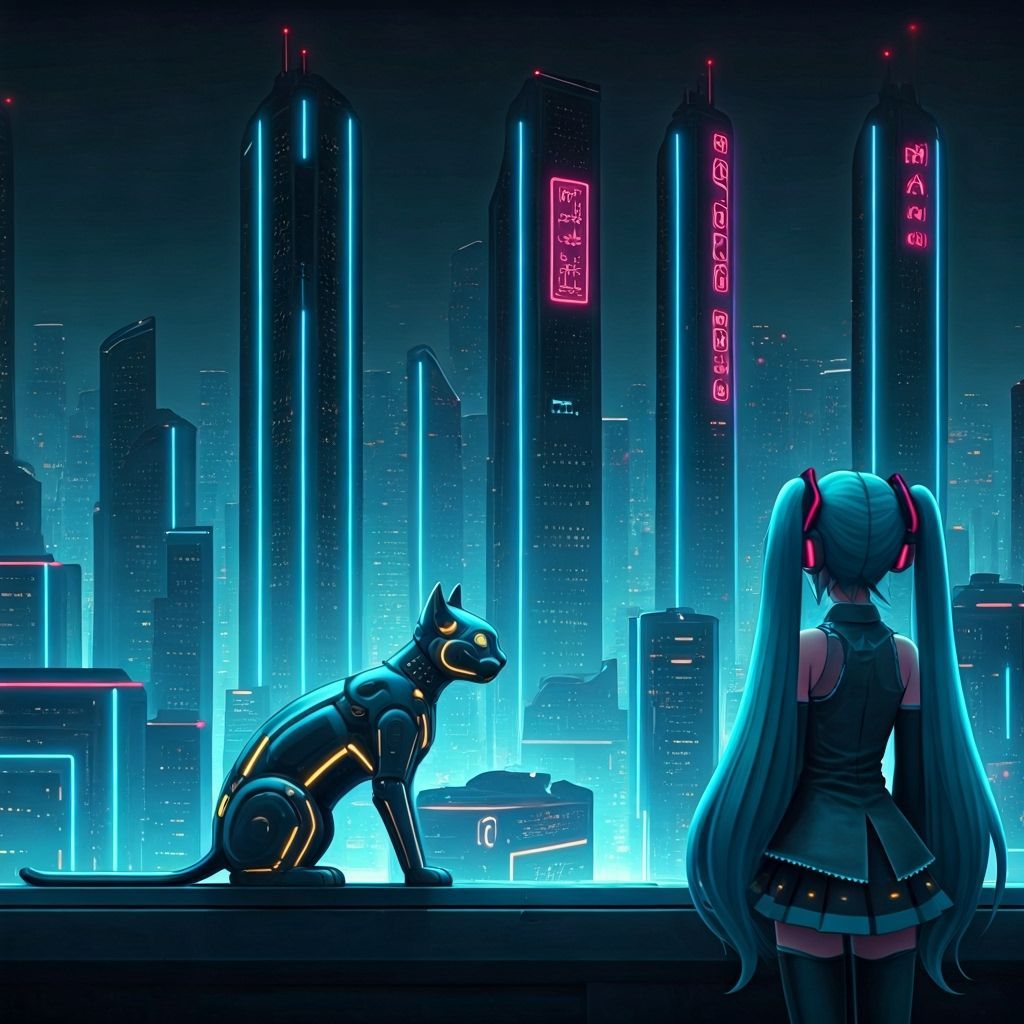 Hatsune Miku Gazes at Neon Cyberpunk Cityscape