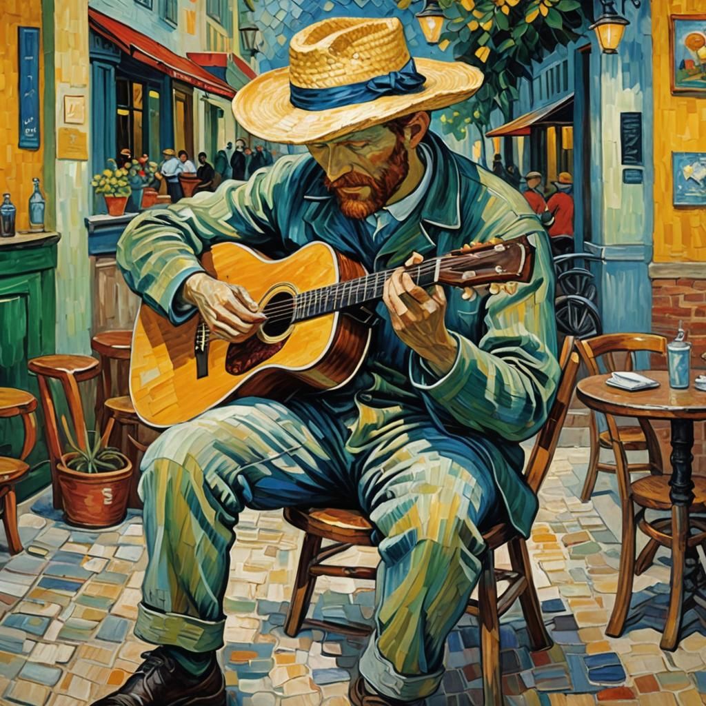 Guitar Player in Van Gogh Style Impasto Painting