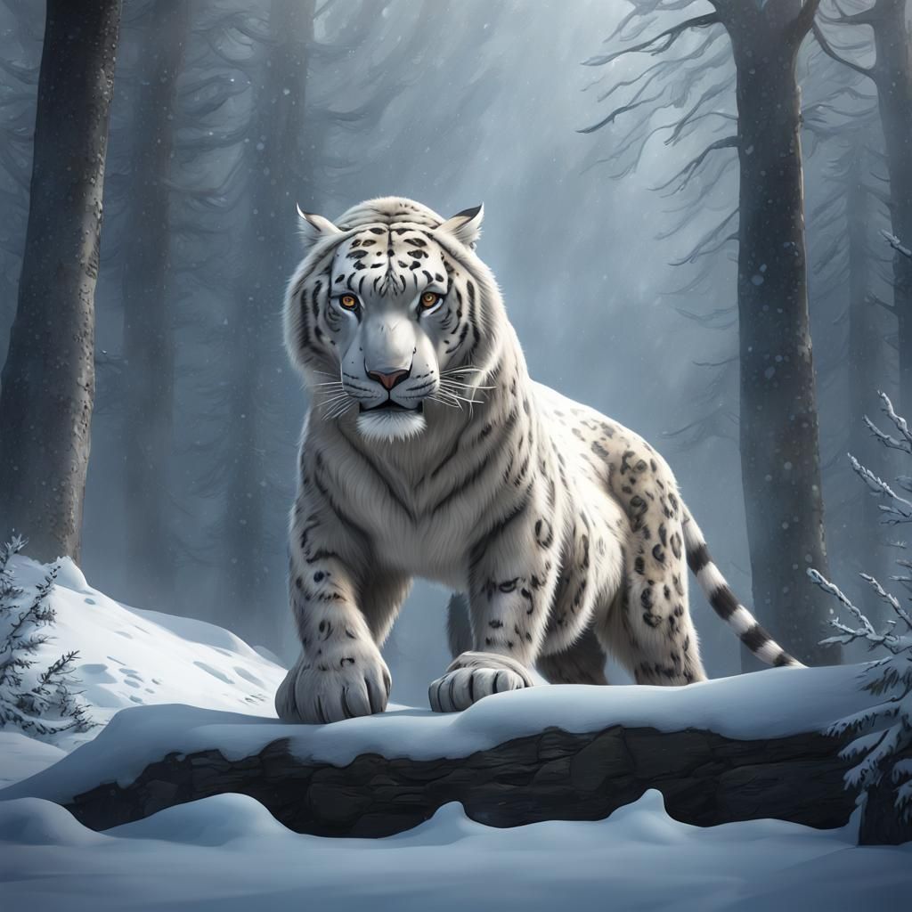 Hybrid Tiger Leopard Bear in Snowy Forest