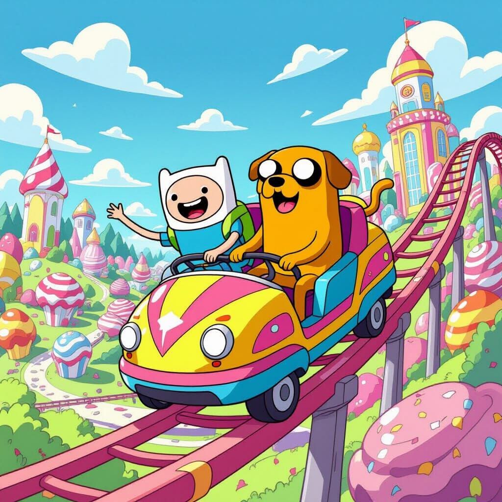 Finn and Jake Ride a Whimsical Candy Roller Coaster