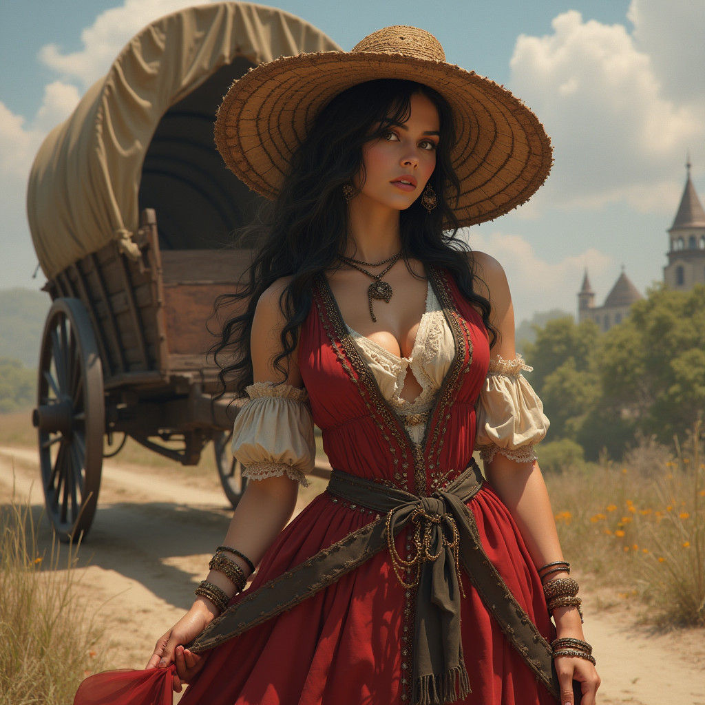 full body image, anime, beautiful 19th century gypsy woman in alluring pose beside her travel wagon