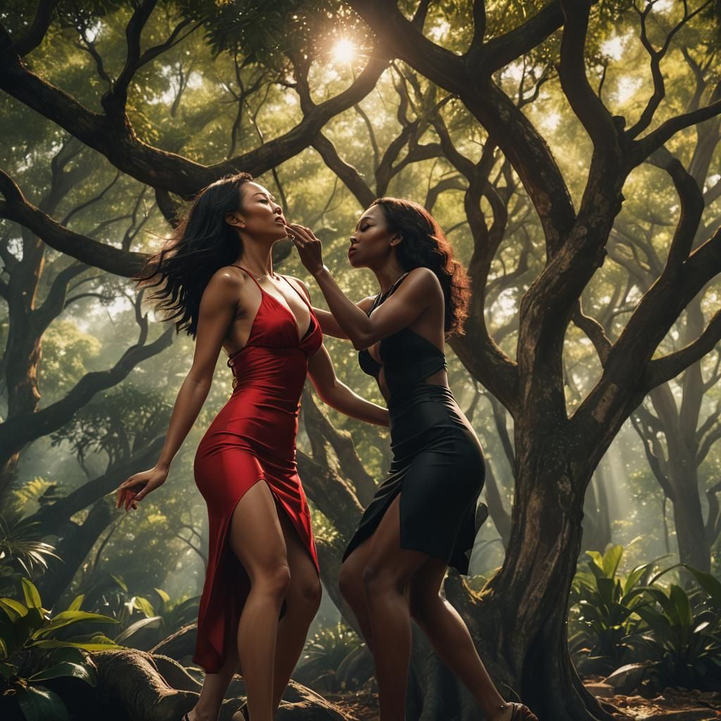 Two Women Kissing in Forest: Hyperrealistic Digital Art