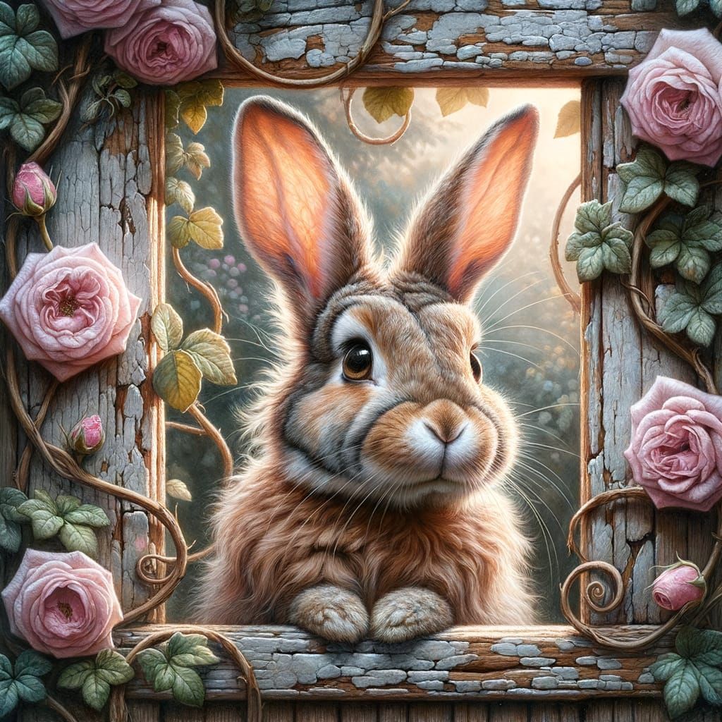 Rabbit Peeking Through a Rustic Gate Window