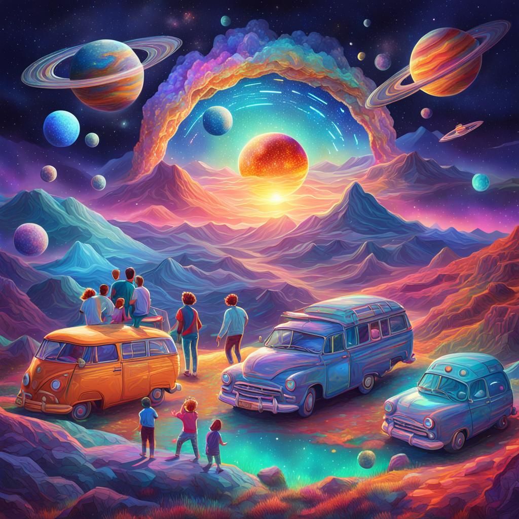 Family Road Trip in Astral Cosmic Illustration