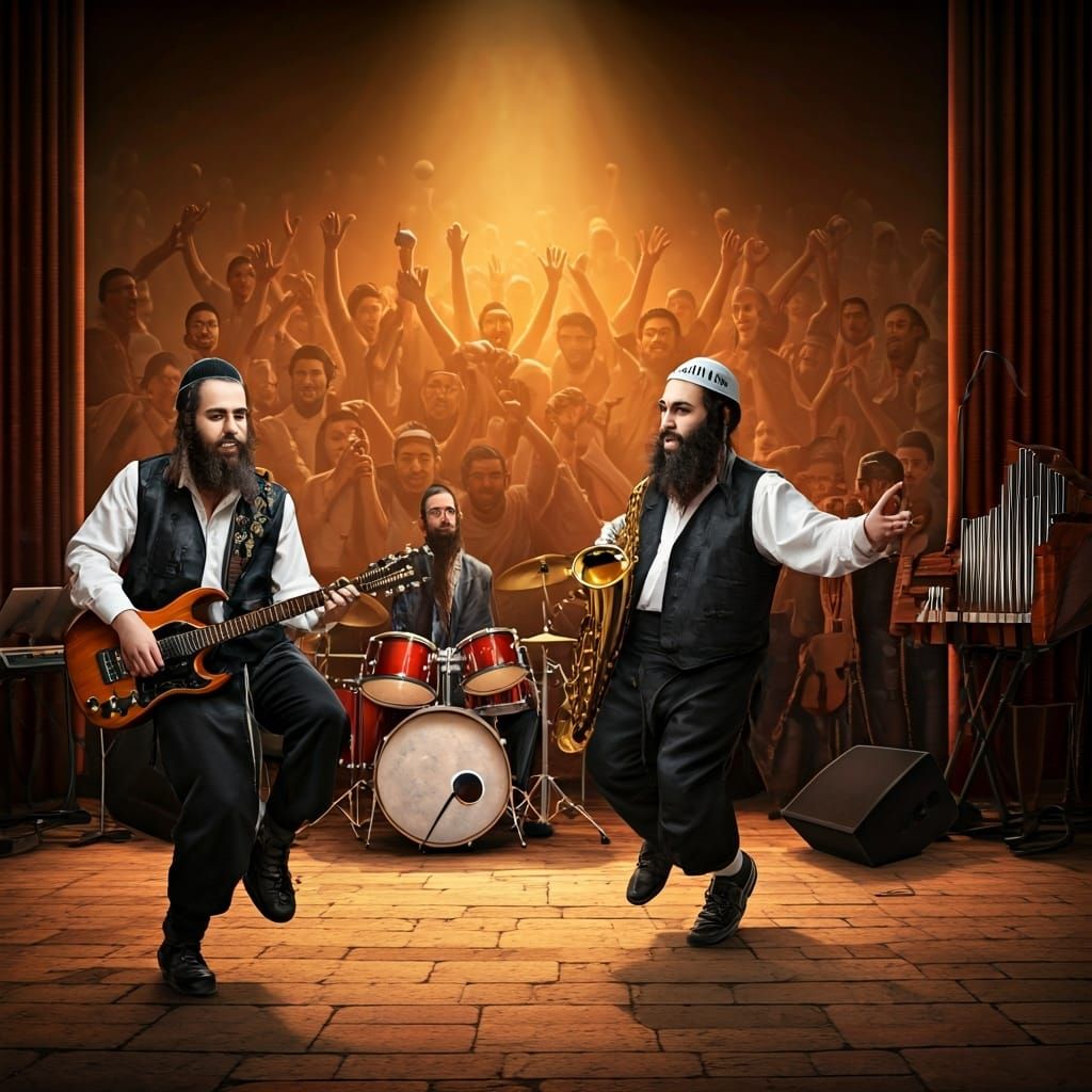 A full-grown Haredi Hasidic Jew with a black vest with intricate engravings in black with a guitar and next to him anoth...