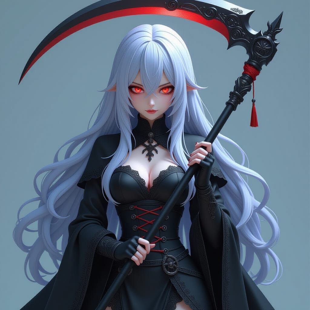 Anime Witch with Silver Hair and Scythe