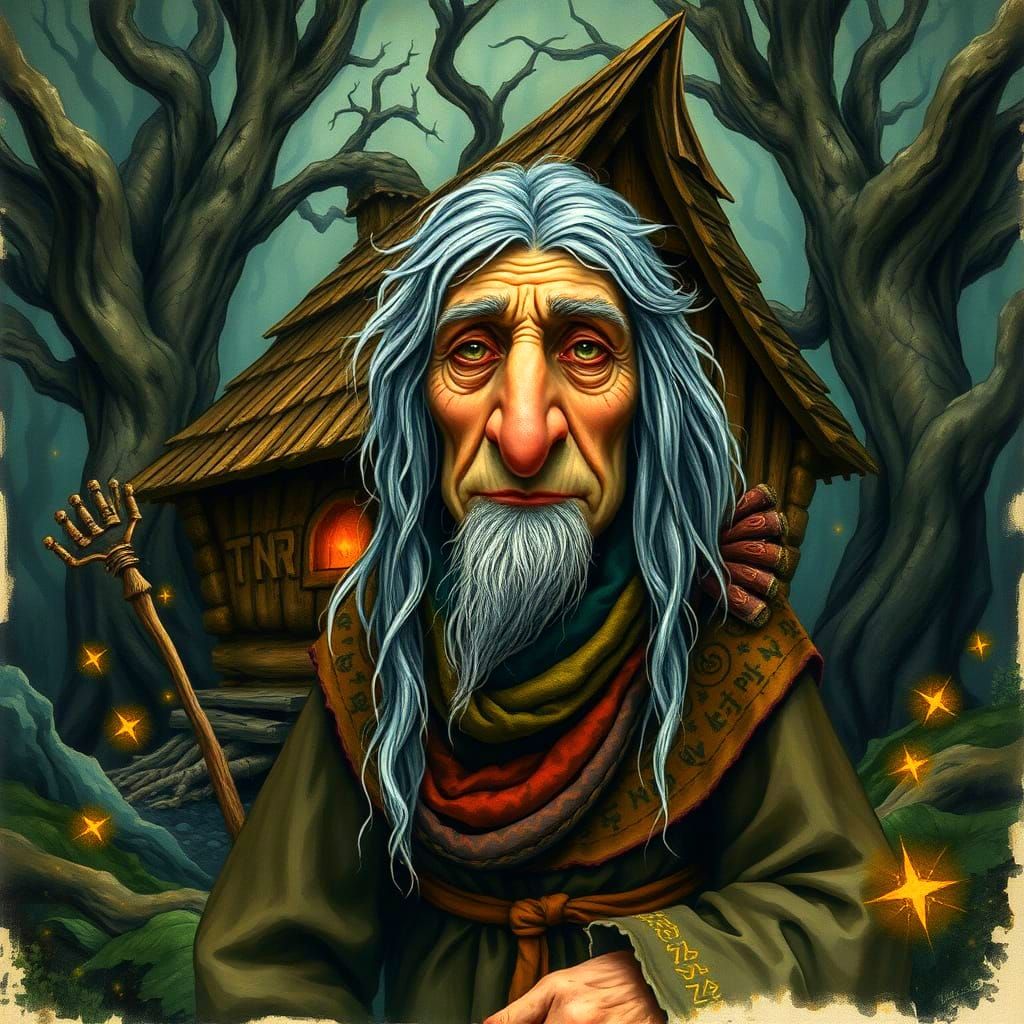 Baba Yaga in Enchanted Forest: Slavic Folklore Art