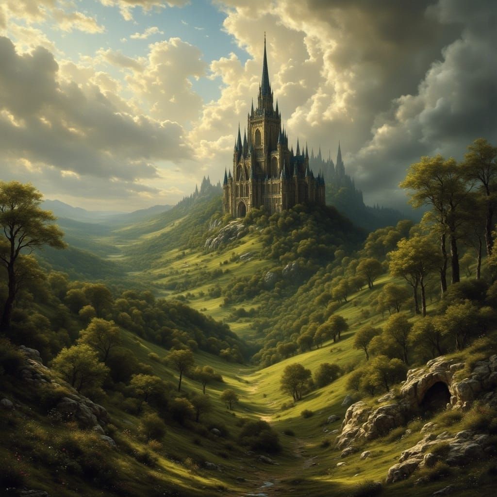 Majestic Spire in Dreamlike Gothic Landscape