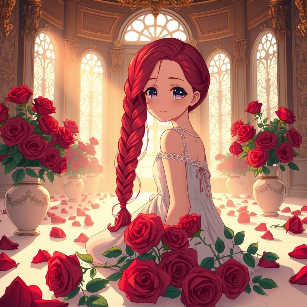 Young Girl Surrounded by Crimson Roses in a Sunlit Anime-Ins...