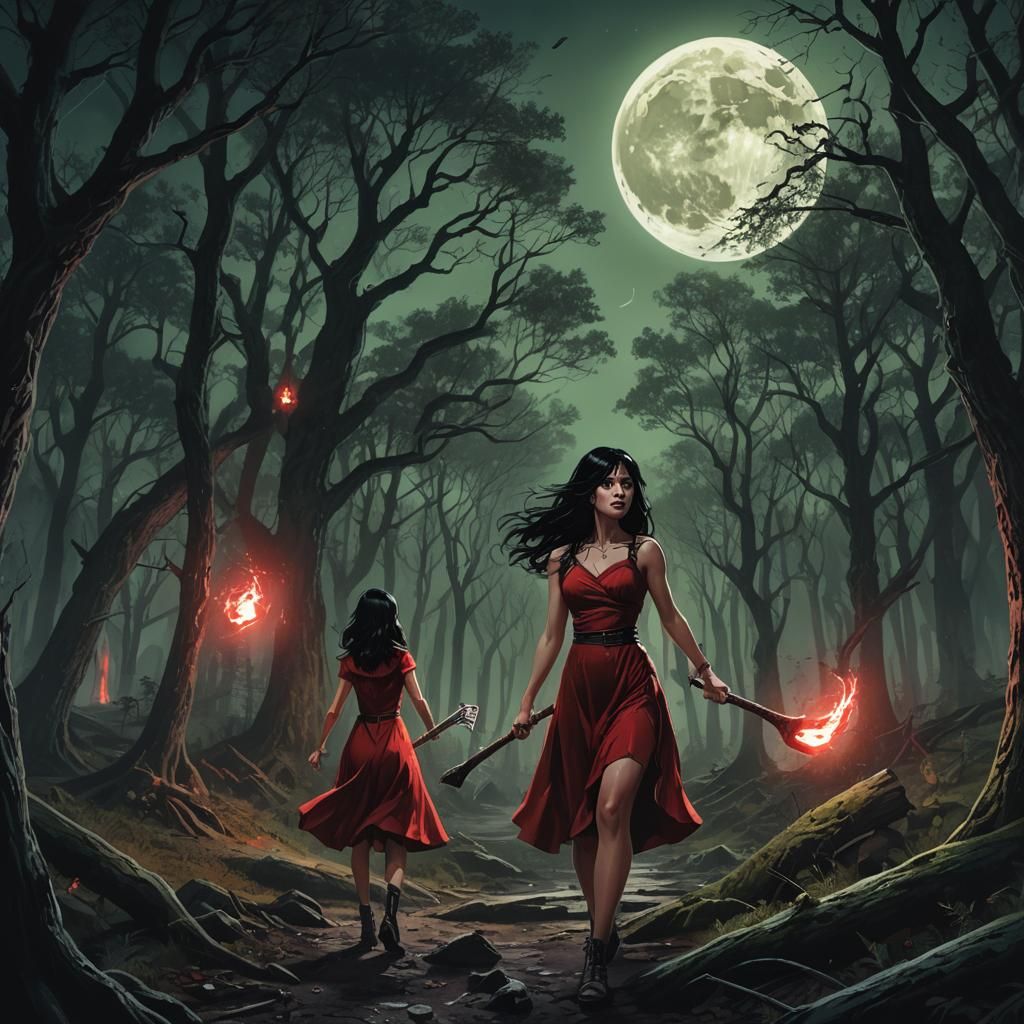 Terrified Woman in Red Dress: Dark Fantasy Art