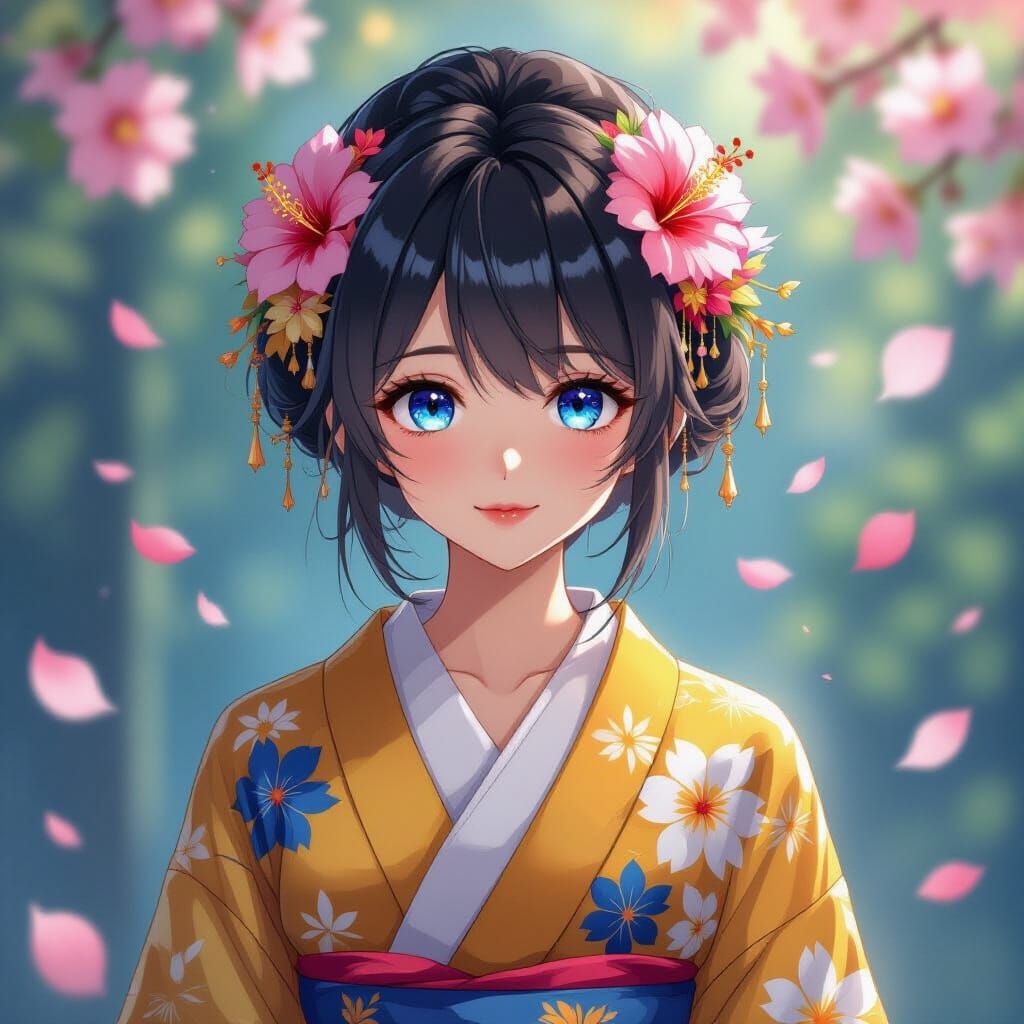 Anime Hibiscus Queen with Sapphire Eyes