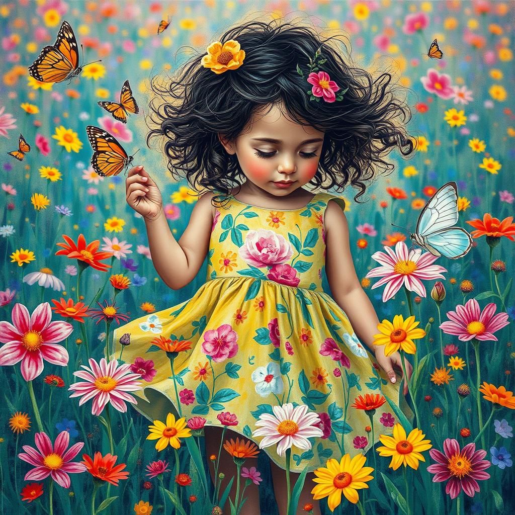 Girl in Floral Dress Playing in Flower Field