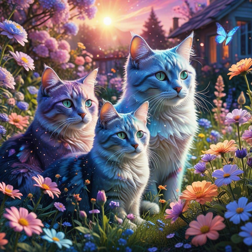 Cosmic Cats Relaxing in Spring Garden