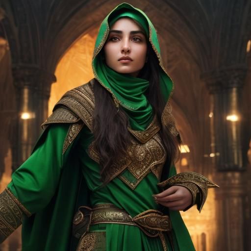 Female Kalashtar Casting Green Spell, Digital Portrait