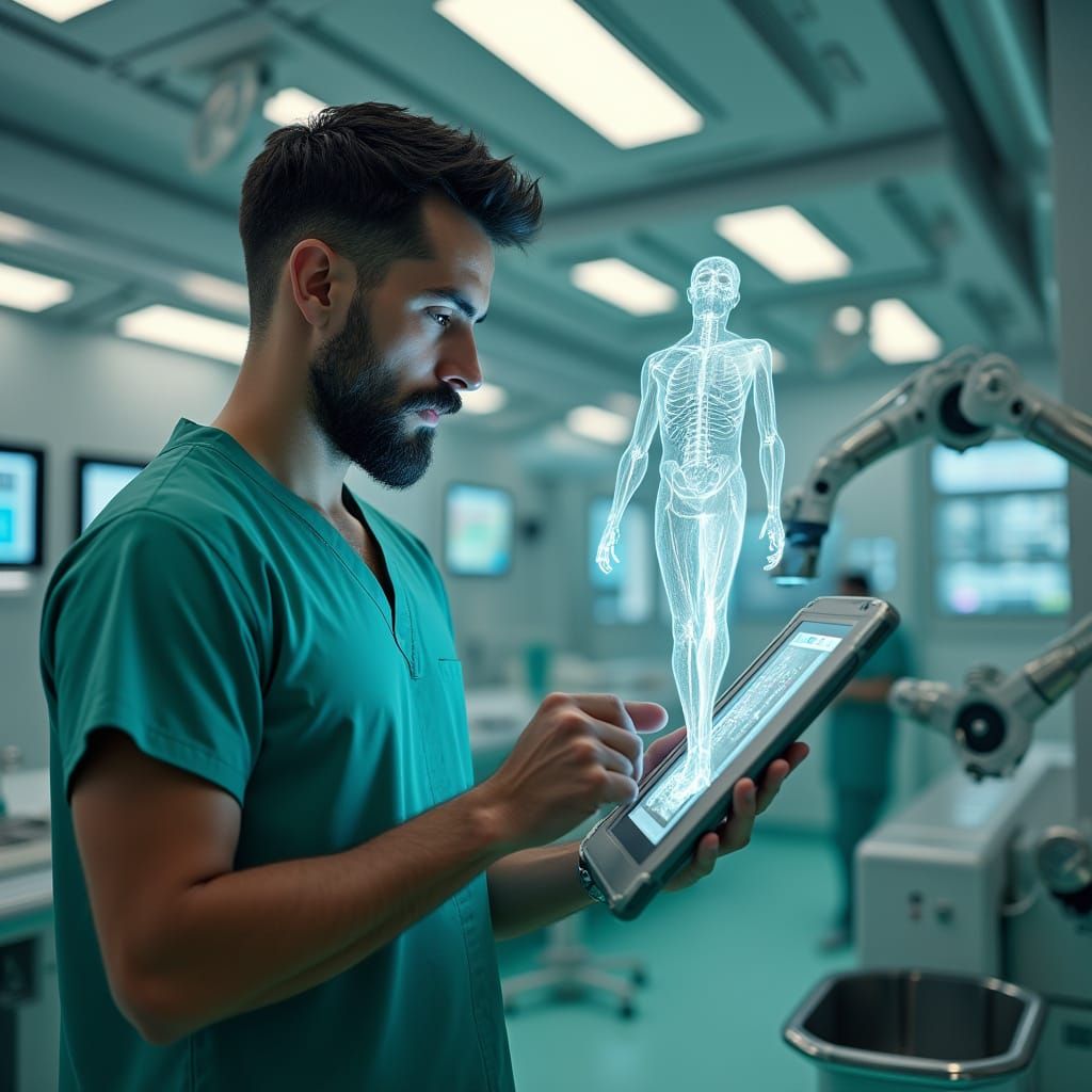 Futuristic Medical Technician in Space Station Bay