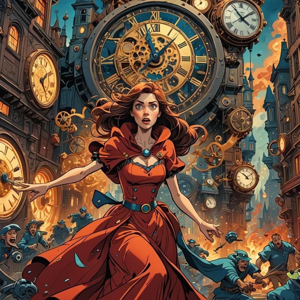 Scary Clock Monsters Chase Woman in Disney Style