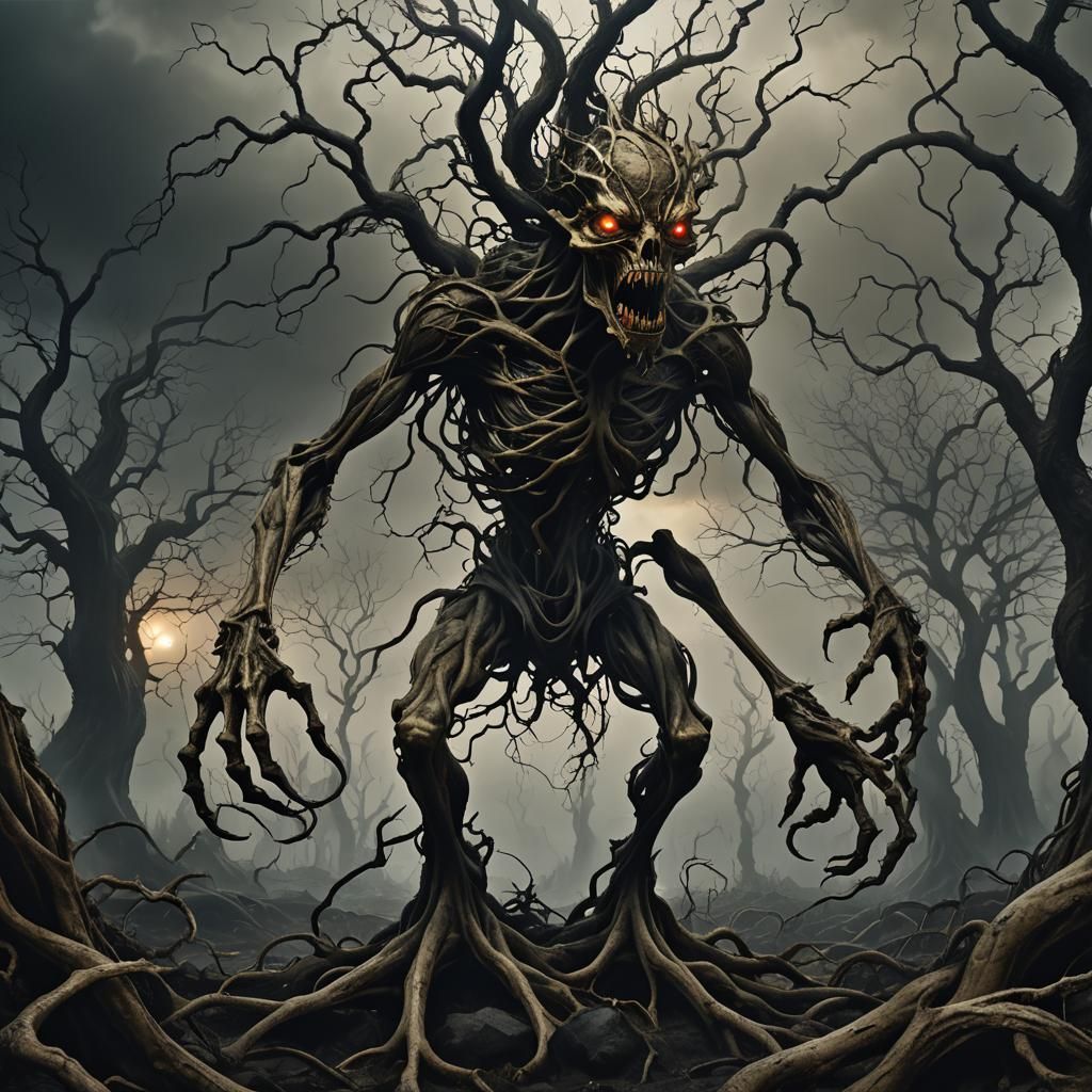 Grotesque Creature in Dark Surrealist Landscape